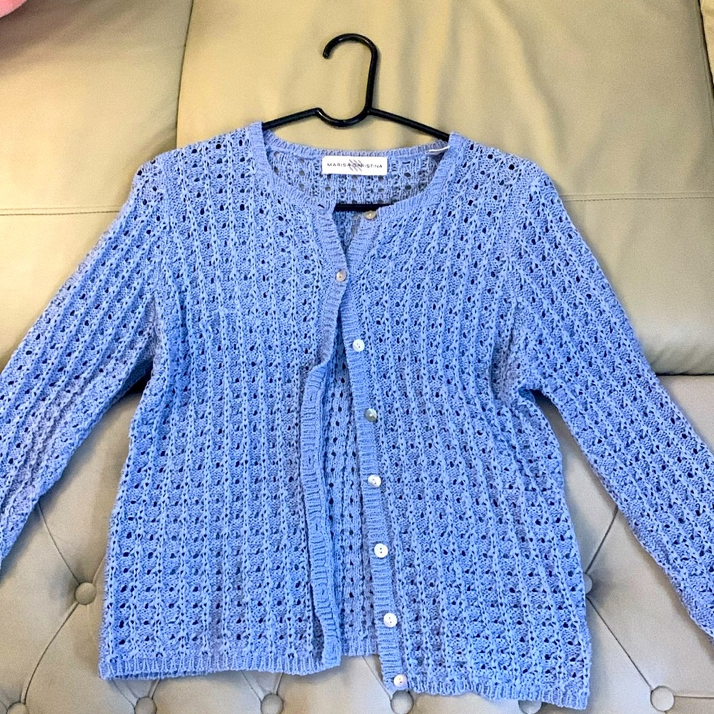 Blue Marisa Christina cardigan with iridescent buttons